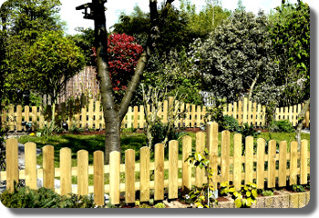 zwei kleine Holzzäune als Einfriedung des Garten mit farbenfrohen Bäumen und Wiese